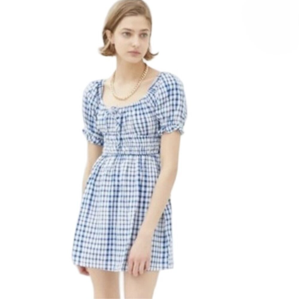 Urban Outfitters Blue Gingham Smocked Puff Sleeve Mini Dress Size Large Milkmaid